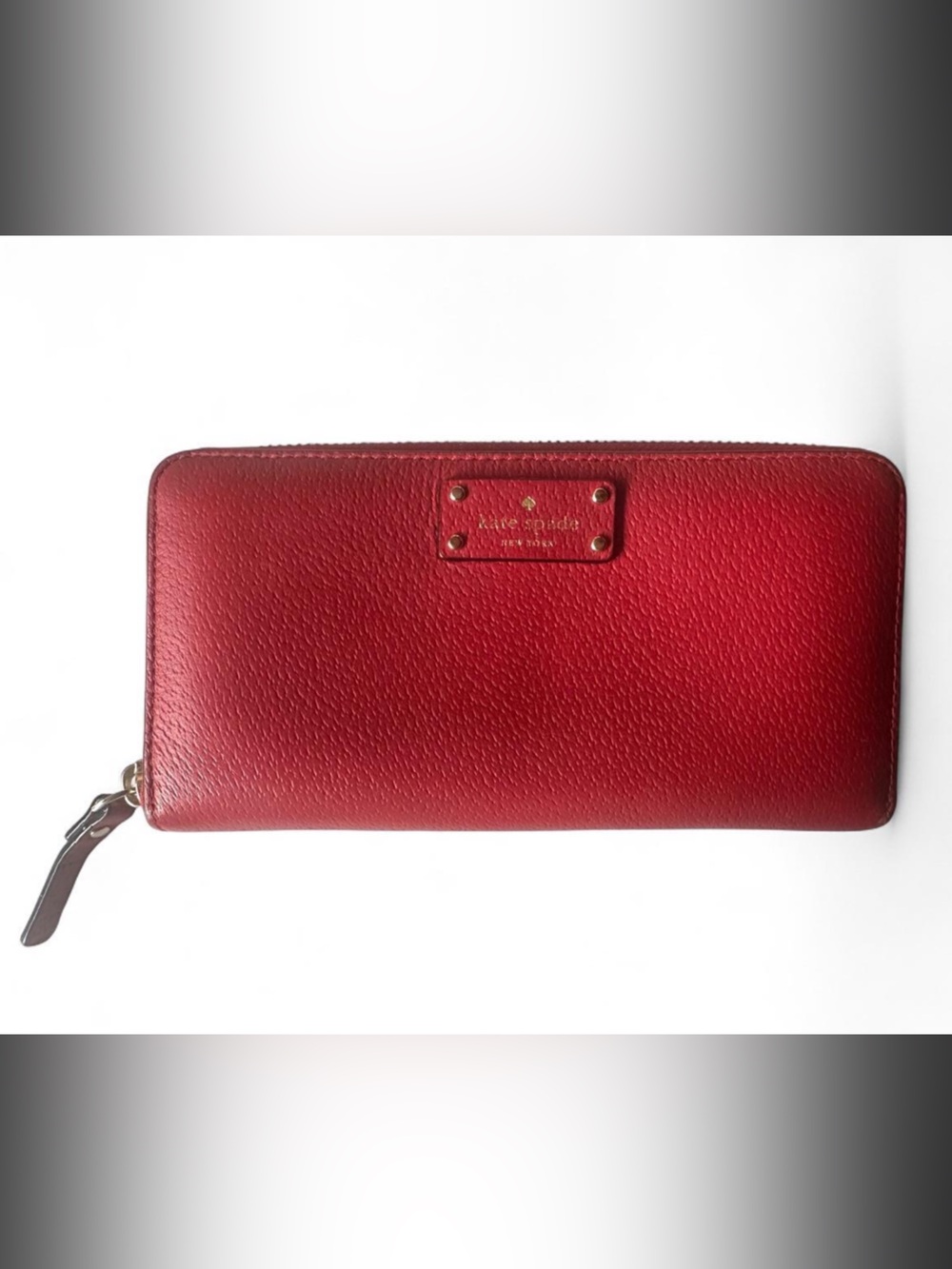 kate spade Red Pebbled Leather Zip Wallet with Gold Plate